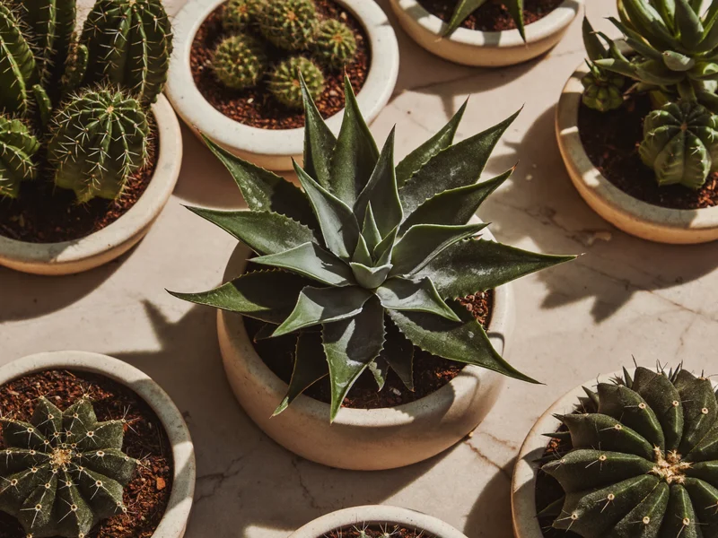 Piccole succulente e cactus in ciotole di ceramica su un tavolo di pietra